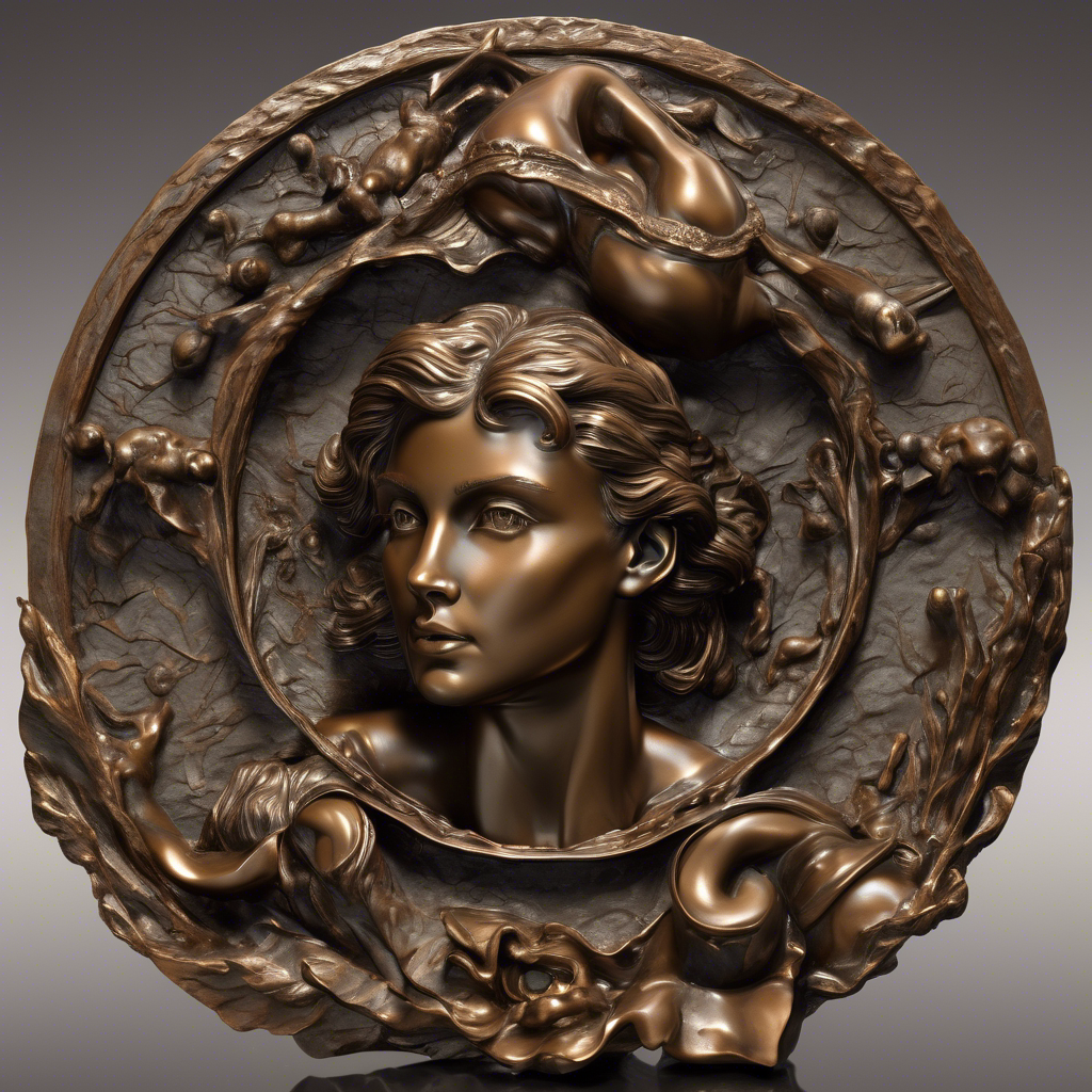 A bronze sculpture of a woman's face in a circular frame, showcasing intricate details and artistic craftsmanship.