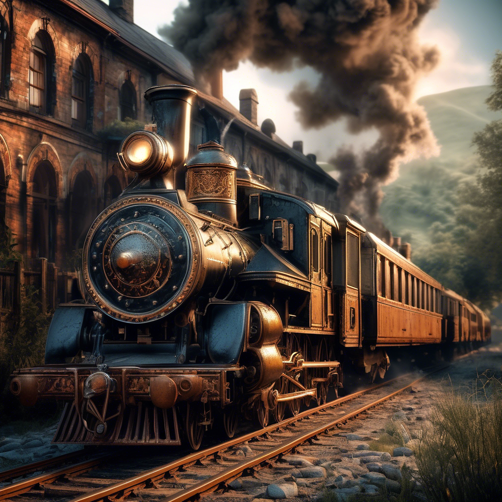 A steam train chugging along the tracks, emitting white smoke, with a picturesque landscape in the background.