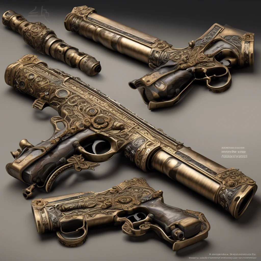Three golden guns on a table, shining brightly.