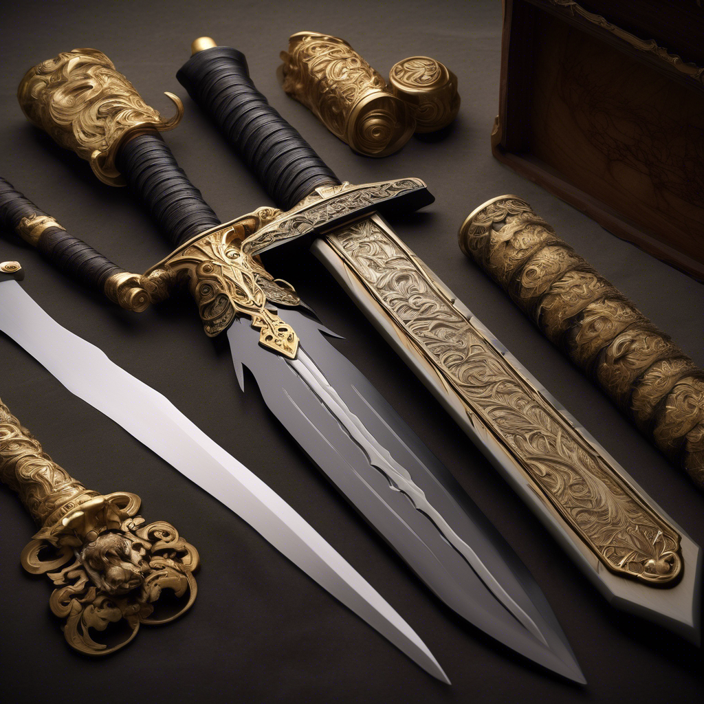 A knife and two swords with gold accents on a dark background.