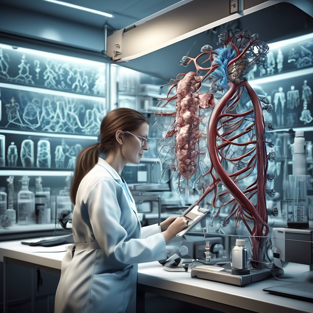 A woman in a lab coat examining a model of a human heart.