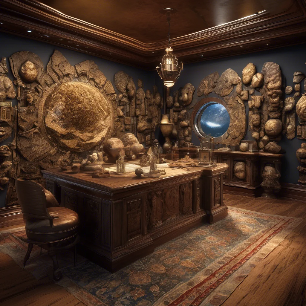 Interior of ship captain's office with wooden desk, navigation charts, and brass telescope.