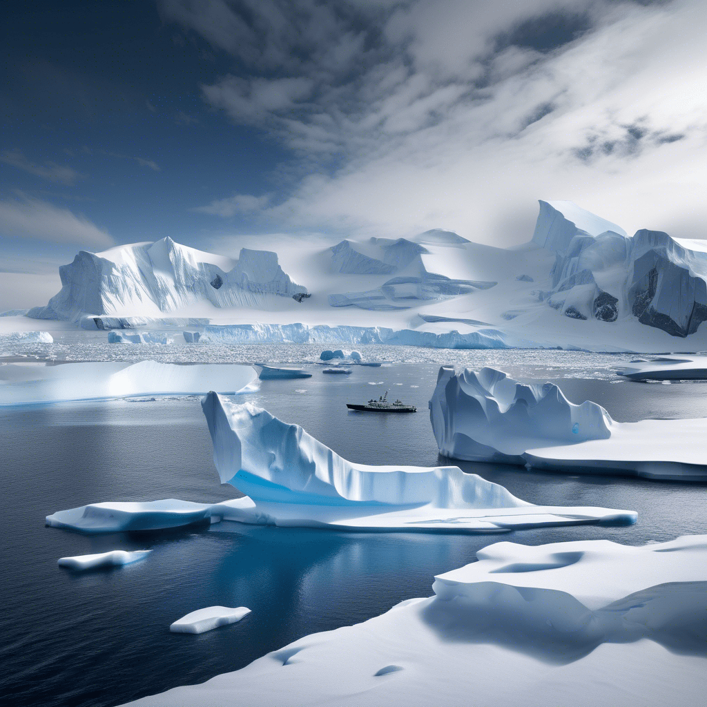 Aerial view of Antarctica's icy landscape, showcasing its vast expanse of snow-covered terrain and frozen waters.