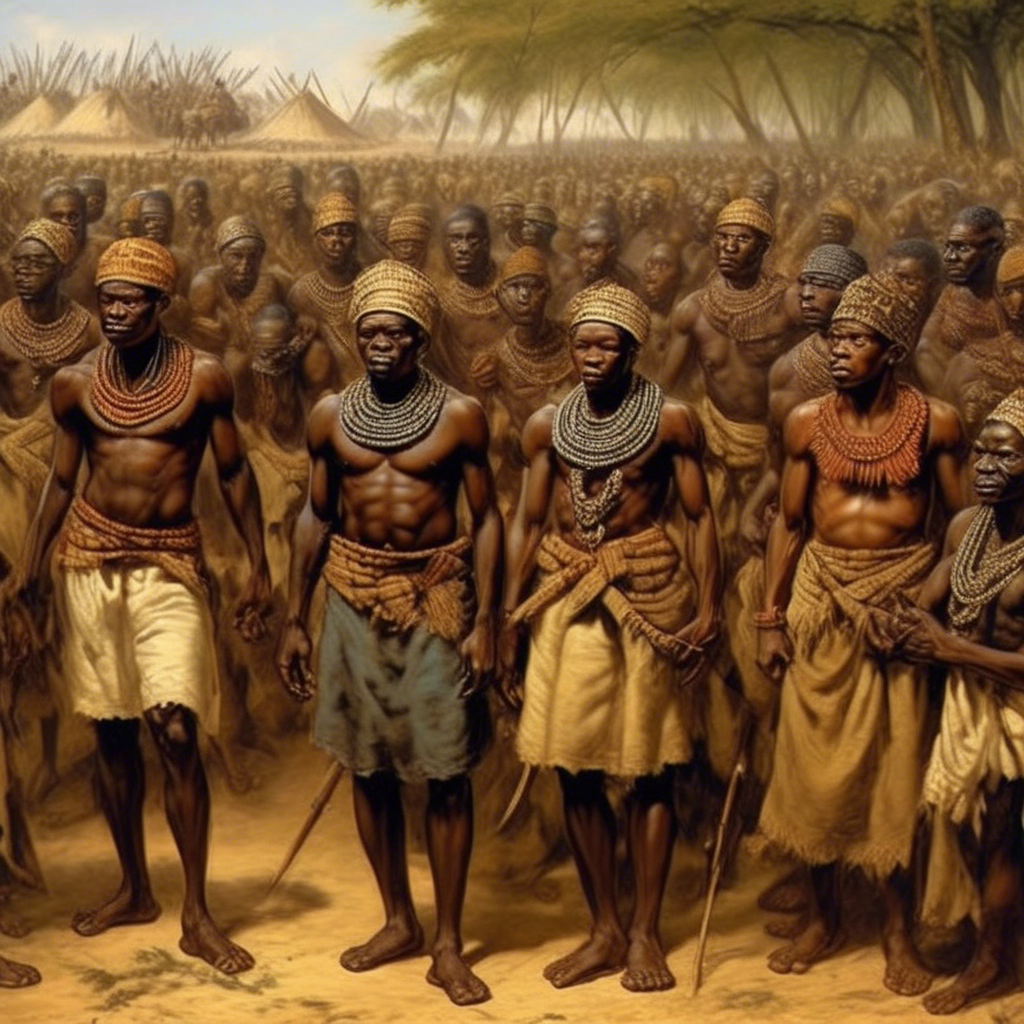 transatlantic slave trade | black slavery | A group of African men standing together in a painting.