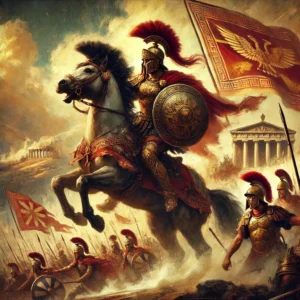 Alexander the Great leading his army to attack Persian Empire in Battle of Gaugamela in Hellenistic period he is son of King Philip II